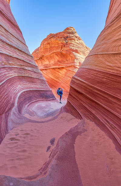 Mother and Daughter Exploring the Famous Wave of Coyote Buttes North in the Paria Canyon-Vermilion Cliffs Wilderness of the Colorado Plateau in Southern Utah and Northern Arizona USA Mother and Daughter Exploring the famous Wave of Coyote Buttes North in the Paria Canyon-Vermilion Cliffs Wilderness of the Colorado Plateau in southern Utah and northern Arizona USA. the wave arizona stock pictures, royalty-free photos & images