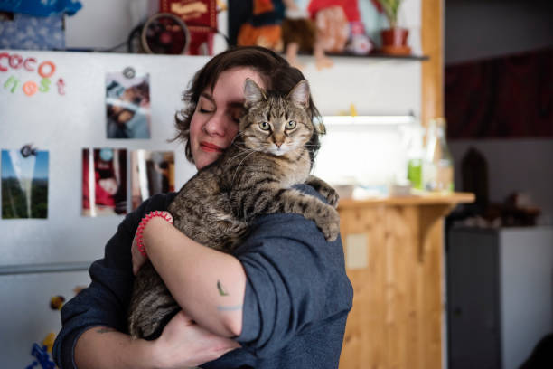 Young woman enjoying simple pleasures at home, cuddling cat. stock photo