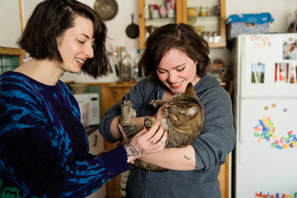 Lesbian couple enjoying simple pleasures at home, cuddling the cat. stock photo