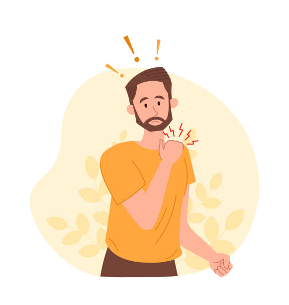 Neck pain abstract concept Neck pain abstract concept. Young bearded man touching his neck and suffering from pain. Pinched nerves, muscle pain, arthritis and curvature of spine. Cartoon contemporary flat vector illustration cartoon sick face stock illustrations