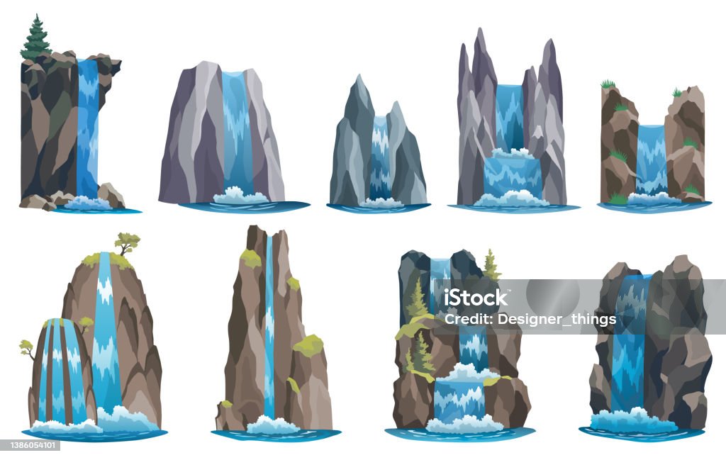 Waterfalls set. Cartoon landscapes with mountains and tree. River falls from cliff on white background. Picturesque tourist attraction with clear water - Royaltyfri Vattenfall - Fallande vatten vektorgrafik