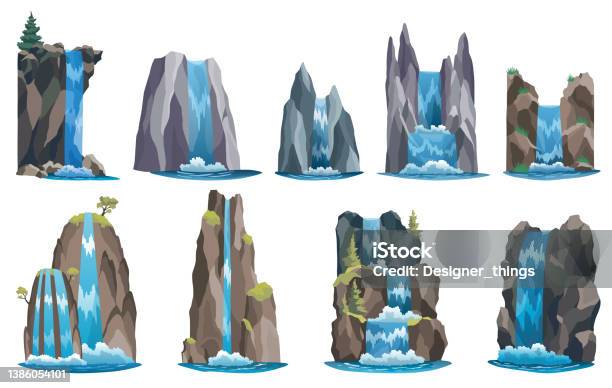 Waterfalls Set Cartoon Landscapes With Mountains And Tree River Falls From Cliff On White Background Picturesque Tourist Attraction With Clear Water-vektorgrafik och fler bilder på Vattenfall - Fallande vatten