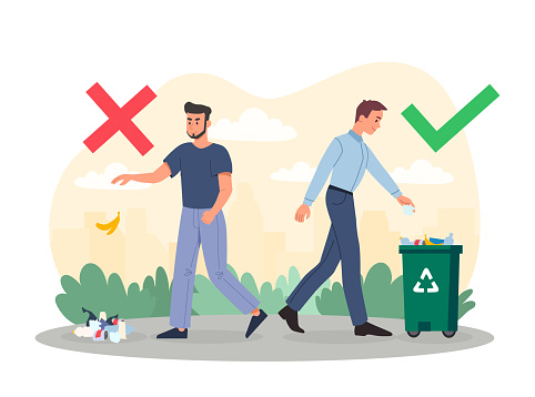 Littering behavior concept. Example of correct and incorrect garbage disposal. Sorting and recycling of trash or environmental pollution. Infographics for printing. Cartoon flat vector illustration