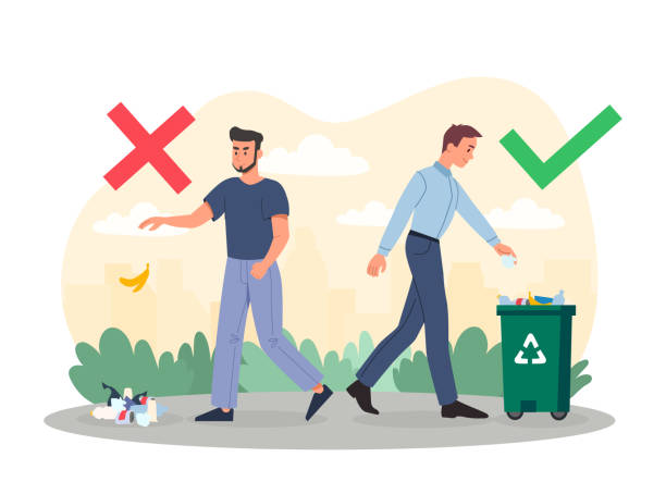 Littering behavior concept Littering behavior concept. Example of correct and incorrect garbage disposal. Sorting and recycling of trash or environmental pollution. Infographics for printing. Cartoon flat vector illustration littering stock illustrations