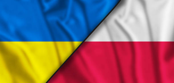 istock Poland and Ukraine two flags textile cloth, fabric texture. 3d illustration. 1386056941