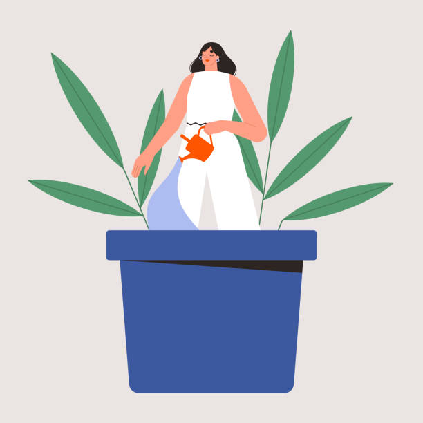 Self growth, personal development or improvement. Woman waters herself in a flower pot. Mental health, self help, care concept Isolated flat vector illustration self improvement stock illustrations