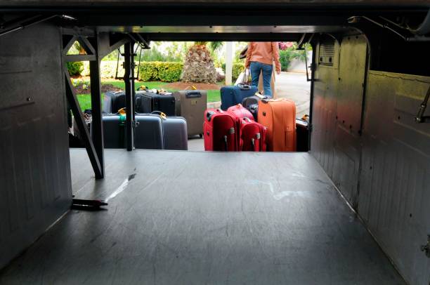 suitcase and luggage of tourists, travel on vacation by bus