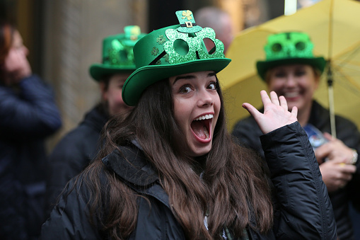 New York, New York - March 17, 2022:  Festive hats on display at the St. Patrick's Day Parade on March 17, 2022, in New York.