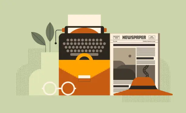 Vector illustration of Journalism, press concept. Professional journalist’s workplace: typewriter, newspaper, hat. Reporter, author, writer job. Breaking news, media