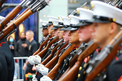 New York, New York - March 17, 2022: Members of USMC march during the St. Patrick's Day Parade  in New York.