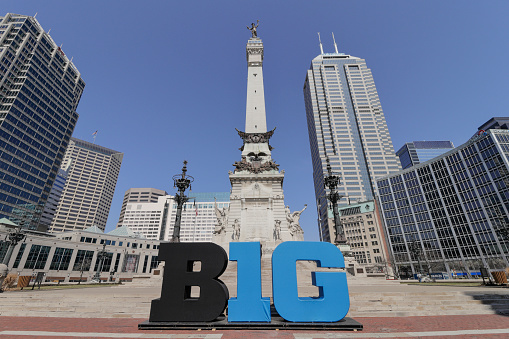 Indianapolis - Circa March 2022: Big Ten Conference logo also stylized as the Big 10 or B1G in downtown for the NCAA basketball tournament.