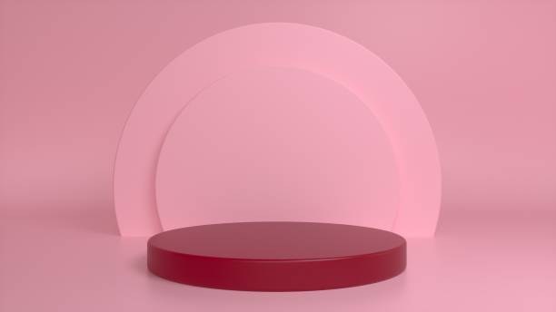 istock Red glossy podium, pedestal on a pink background. Blank showcase mockup with empty round stage. Abstract geometry background. Stage for advertising product display with copy space. 3d render 1386076318