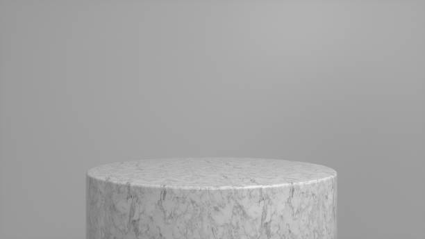 istock Marble glossy podium, pedestal on grey background. Blank showcase mockup with empty round stage. Abstract geometry background. Stage for advertising product display with copy space. 3d render 1386077961