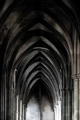 Historic church architecture in interior of arches in church hall