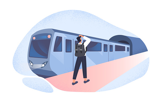 High speed train locomotive concept. Young man with backpack on his shoulders standing on platform and waiting for vehicle to travel. Vacations and tourism. Cartoon modern flat vector illustration
