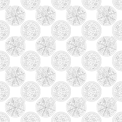 Trendy pizza pattern with hand drawn pizza slices. Cute vector black and white pizza pattern.