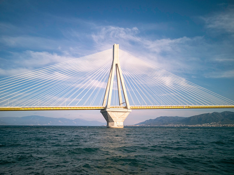 The Rio–Antirrio Bridge in the Gulf of Corinth, one of the longest multi-span bridges in the world.