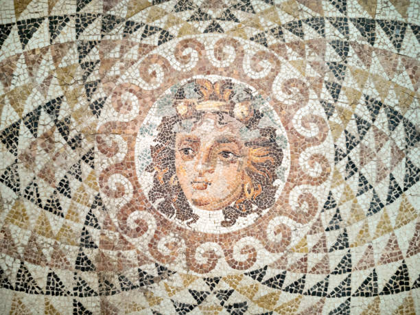 roman mosaic at ancient corinth - mosaic greek culture mythology ancient imagens e fotografias de stock