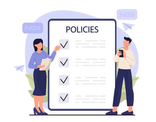 Regulatory compliance concept Regulatory compliance concept. Young man and woman create rules for office employees to achieve business goals. Moral standards and productivity. Cartoon contemporary flat vector illustration rules quotes stock illustrations