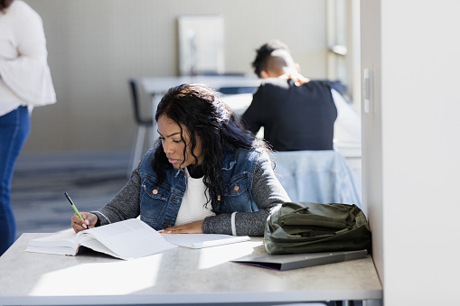 The young adult female college student works seriously and conscientiously on her class assignment.