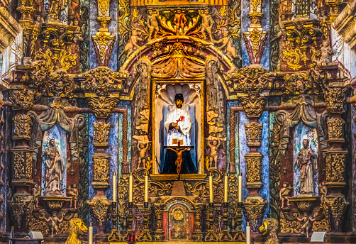 Saint Xavier Statue Altar  Basilica Mission San Xavier del Bac Catholic Church Tucson Arizona Founded 1692 rebuilt 1700s Run by Franciscans Best Example Spanish Colonial architecture