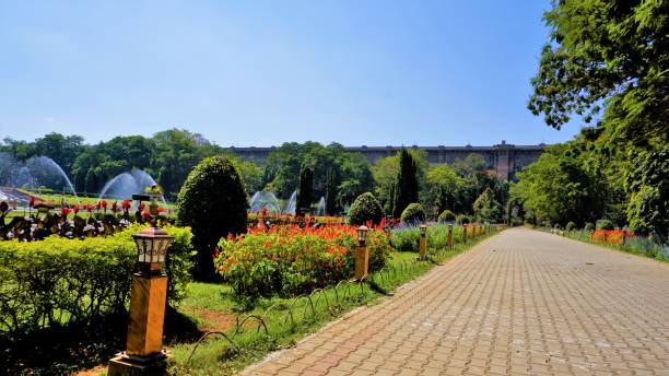 mysore, karnataka, inde-12 février 2022: belle vue sur le paysage des jardins de brindavan. lieu de pique-nique parfait ou porte d’entrée de week-end pour les habitants de bangalore, mysore - wodeyar photos et images de collection