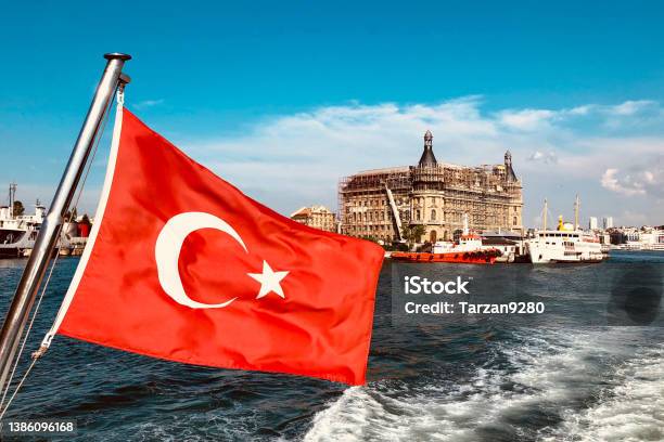 Turkish Flag And Haydarpasa Train Station In Istanbul Turkey Stock Photo - Download Image Now
