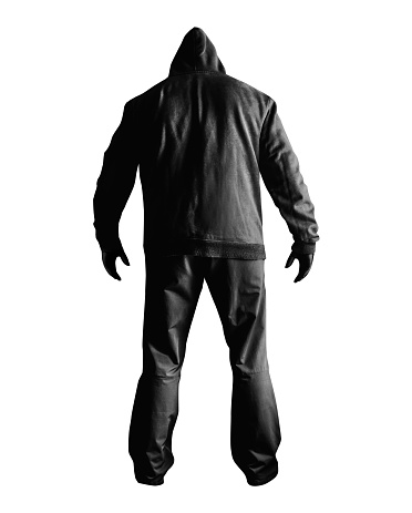 Isolated photo of scary horror stranger stalker man in black hood and clothing standing rear view on white background.