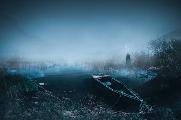 A ghostly presence in a misty haunted lake, fitting the themes of tensions and hauntings.