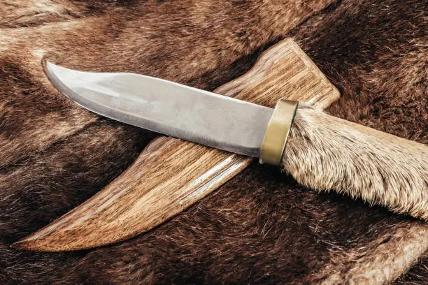 Photo of Brown colored animal fur with hunting knife.