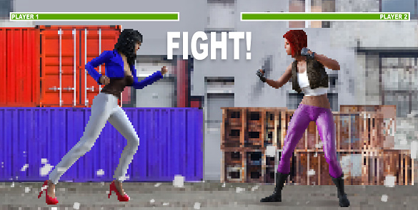 Pixel artwork illustration of fighting game 16 bit 2d game with female fighters and health bars, standing on industrial street level environment.