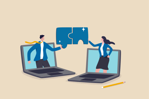 Remote work collaboration or partnership, work from home or distant to get business solution together, online conference meeting concept, businessman and woman coworker solve jigsaw puzzle together. Remote work collaboration or partnership, work from home or distant to get business solution together, online conference meeting concept, businessman and woman coworker solve jigsaw puzzle together. woman doing jigsaw puzzle stock illustrations