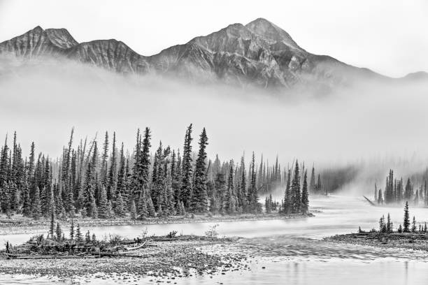 Pyramid mountain and Athabasca River in Jasper National Park