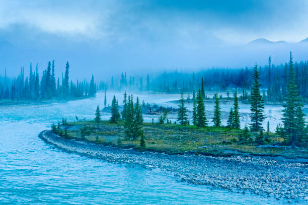 Pyramid mountain and Athabasca River in Jasper National Park