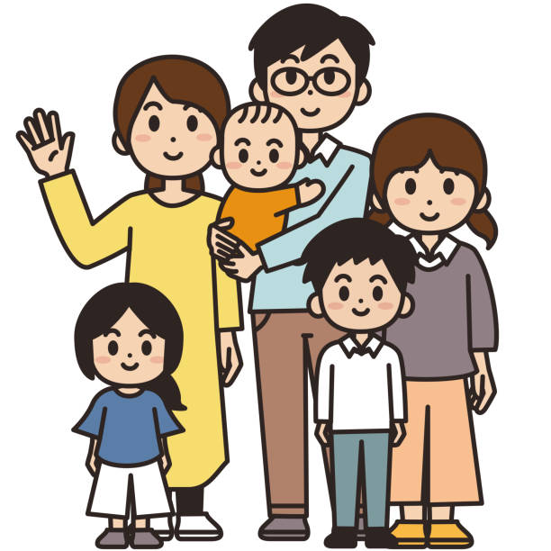 ilustraciones, imágenes clip art, dibujos animados e iconos de stock de ilustración de una familia de seis personas con un bebé y niños. - 5123