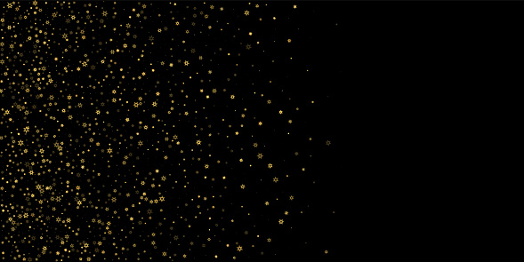 Gold Glitter Stars. Luxury Shiny Confetti. Scattered little sparkle. Flash glow silver element. Random magic tiny light. Stellar fall black background. New Year, Christmas Vector illustration.