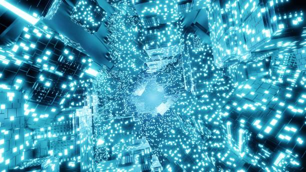 istock 3D Big Data Digital background square with futuristic matrix. 3D graphic flying through digital technologic tunnel. Wormhole through time and space. Technological and connection background. Pattern 1386118357