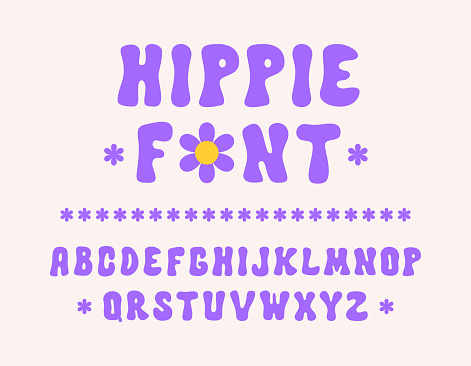 Hippie hand drawn font in style retro 60s, 70s. Trendy psychedelic alphabet. Vector cartoon illustration