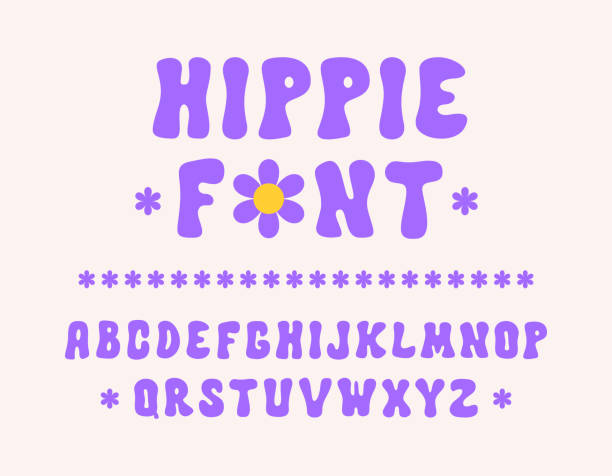 Hippie hand drawn font in style retro 60s, 70s. Hippie hand drawn font in style retro 60s, 70s. Trendy psychedelic alphabet. Vector cartoon illustration hippie fashion stock illustrations
