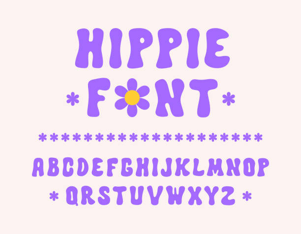 Hippie hand drawn font in style retro 60s, 70s. Hippie hand drawn font in style retro 60s, 70s. Trendy psychedelic alphabet. Vector cartoon illustration fantasy font stock illustrations