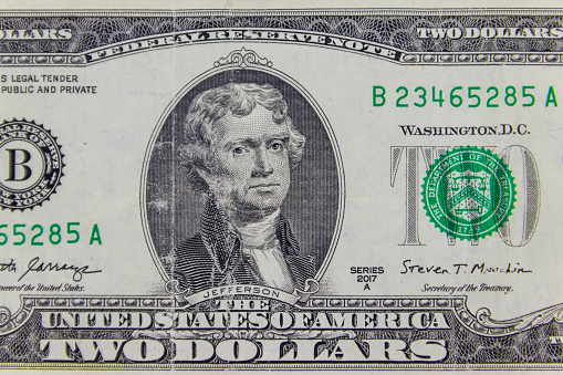 Macro shot of the two dollars bill
