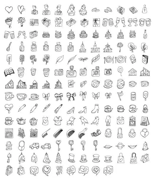 Vector illustration of Wedding Doodle vector icon set. Drawing sketch illustration hand drawn line eps10