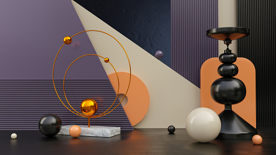 Modern abstract composition on black stone background in pastel colours orange, purple and white. 3d rendering. Modern background in the style of graphics from Instagram. stock photo