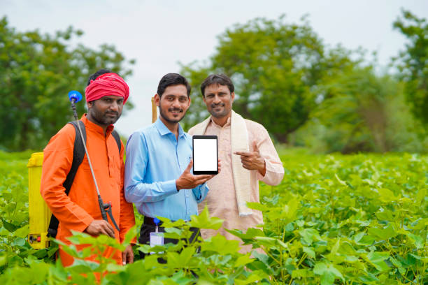 jeune agronome ou banquier indien montrant un smartphone avec des agriculteurs sur le terrain agricole. - smart phone digital tablet group of people manager photos et images de collection