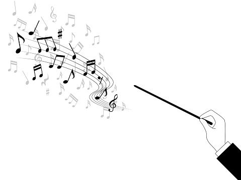 The silhouette of the male conductor's hand swinging the baton and the music flowing in the space