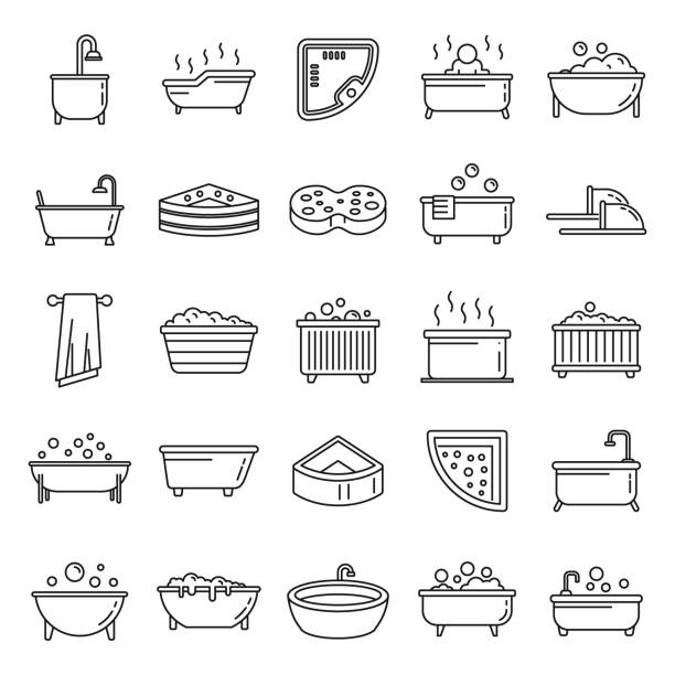 Modern hot tub icons set, outline style Modern hot tub icons set. Outline set of modern hot tub vector icons for web design isolated on white background hot tub stock illustrations