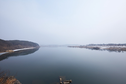 Snowy Namhangang river landscape in Yeoju-si, South Korea.