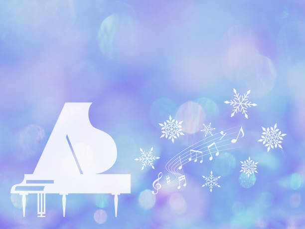 ilustraciones, imágenes clip art, dibujos animados e iconos de stock de silueta de piano de cola de invierno y notas de cristal de nieve - musical staff music piano blue