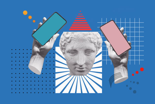 istock Statue holding modern blank frameless screen smartphone in a palm. 1386163471