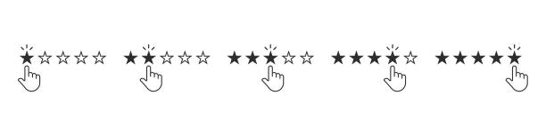 星評価ベクトルアイコンが設定されます。カスタマーレビュー。1つ星、2つ星、3つ星、4つ星、5つ星の評価記号 - rating star shape ranking four objects点のイラスト素材／クリップアート素材／マンガ素材／アイコン素材